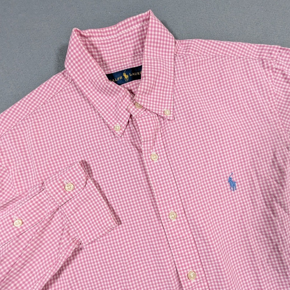 Ralph Lauren Button Down Shirt Mens M Pink Gingham Long Sleeve Cotton Pony Logo